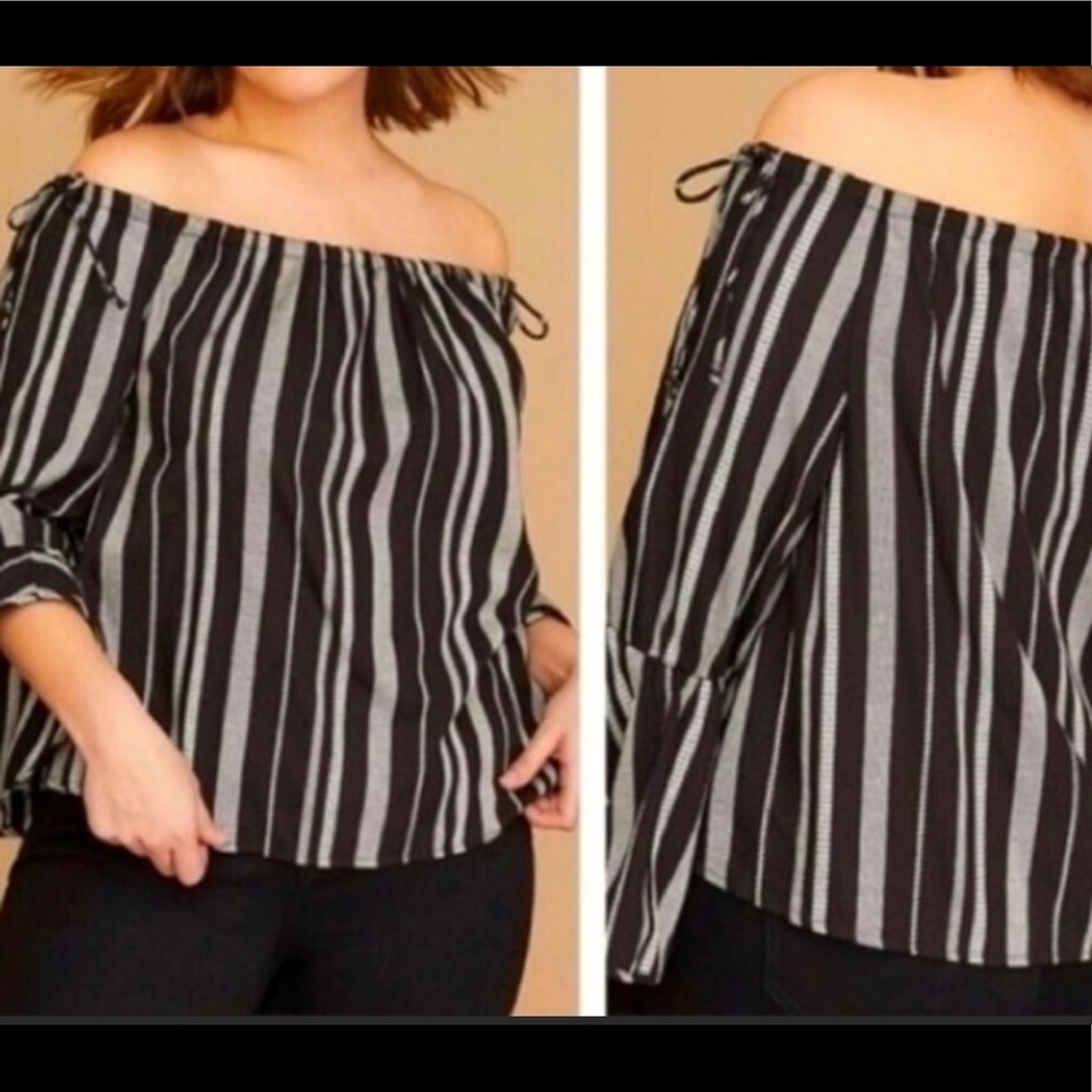 LANE BRYANT Black & White Striped off the Shoulder top flared sleeves size 14/16